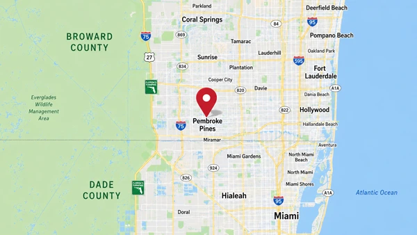 Map showing Pembroke Pines in the Broward and Miami-Dade area