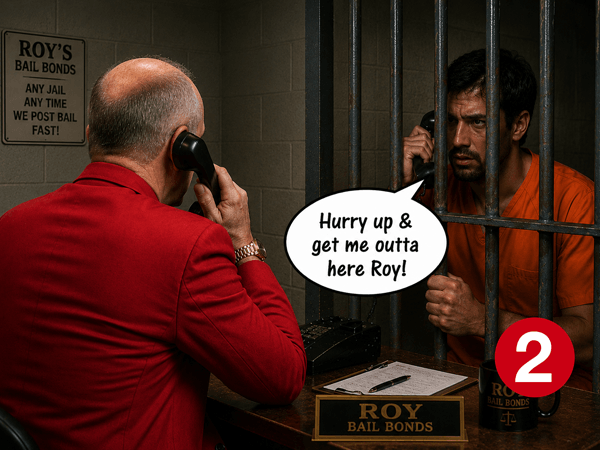 Roy answering an urgent bail bond phone call